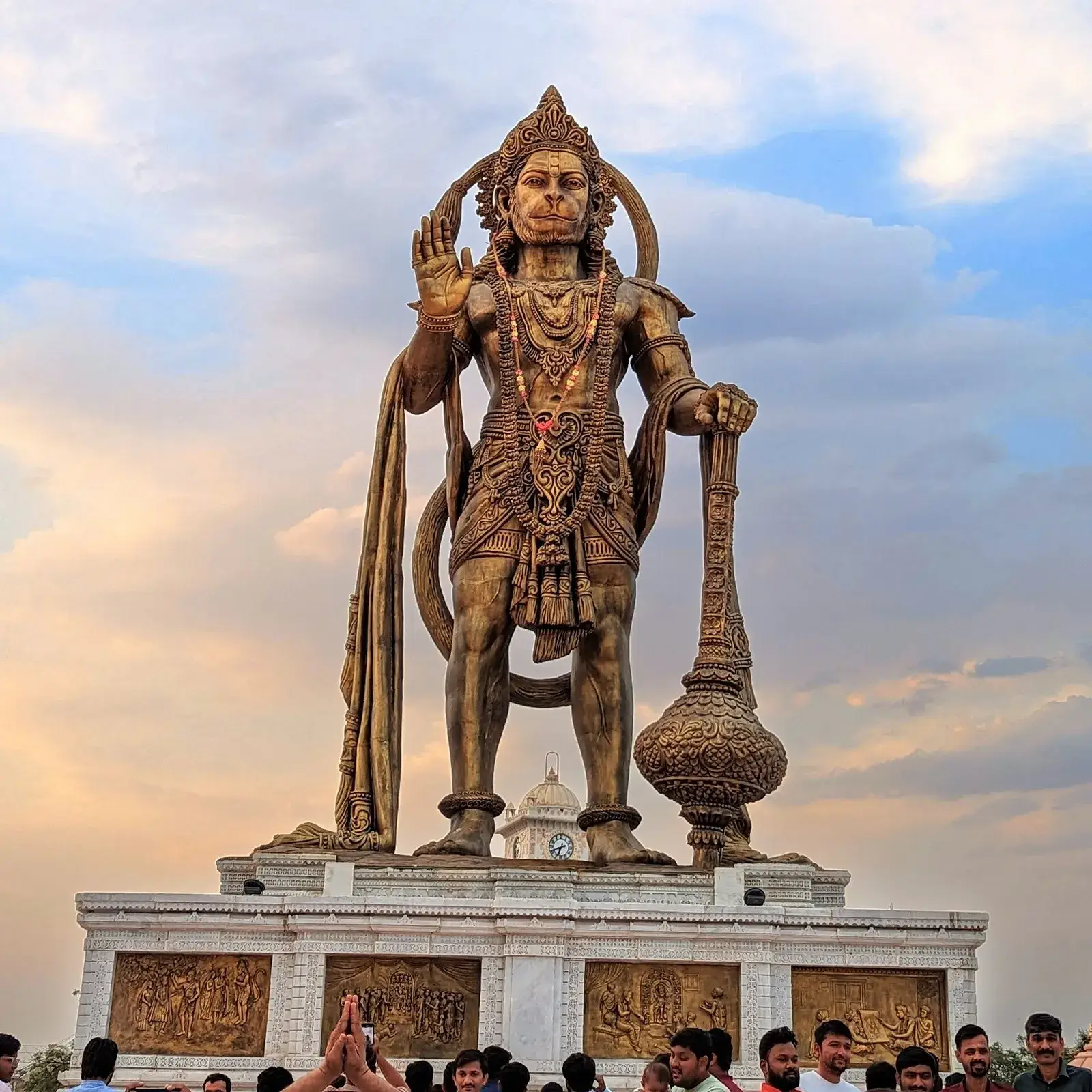 The 54-foot King of Salangpur Hanuman statue at Sarangpur against an evening sky