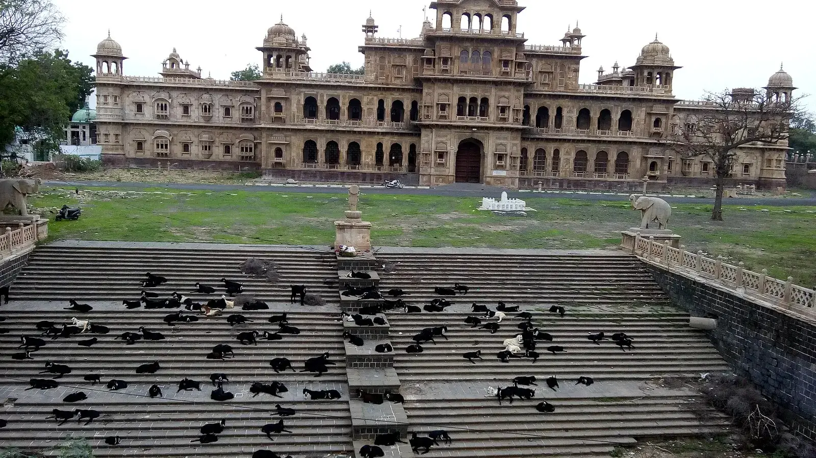 Mani Mandir, the carved temple in Morbi, seen across its steps
